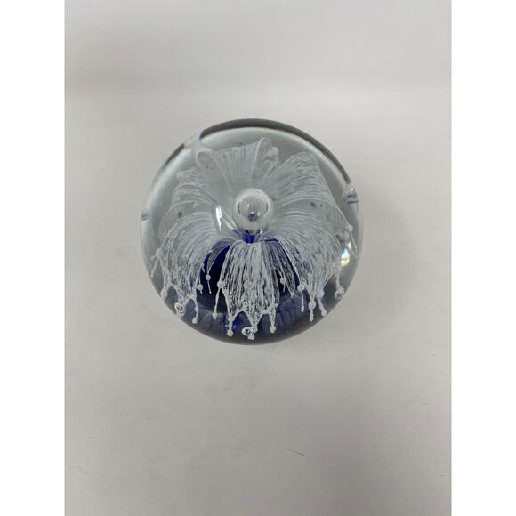 Hand Blown Art Glass Paperweight Flower Large Cobalt Blue Bubble - Picture 5 of 11